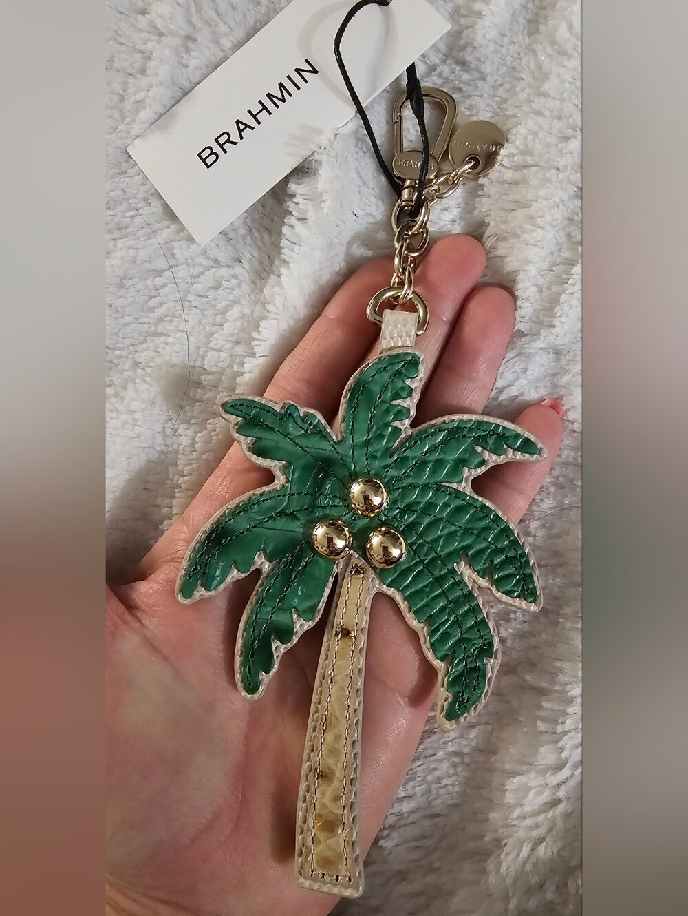 Brahmin Palm Tree Genuine Leather Bag Charm Keychain NWT Green Gold Cream - Picture 3 of 7